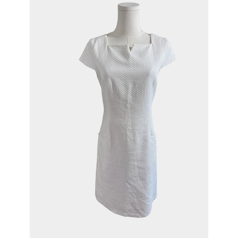 J.McLaughlin White Textured Seersucker Sheath Dress Square Neck Cap Sleeve 2